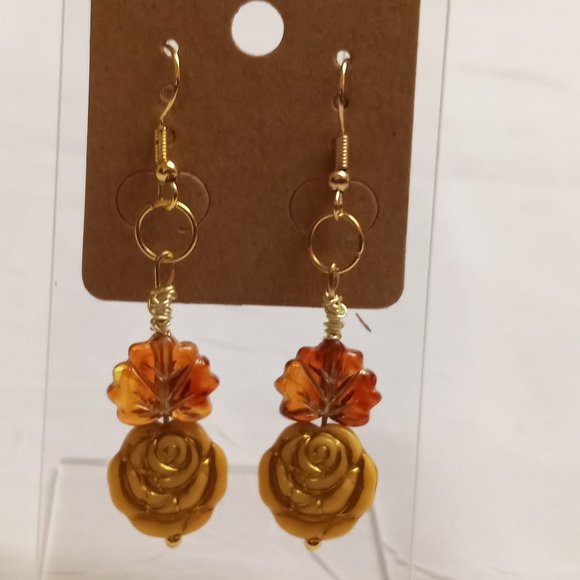 Steel Handmade Hand Crafted Leaf & Rose Beaded Dangle Earrings #55 - Picture 14 of 14